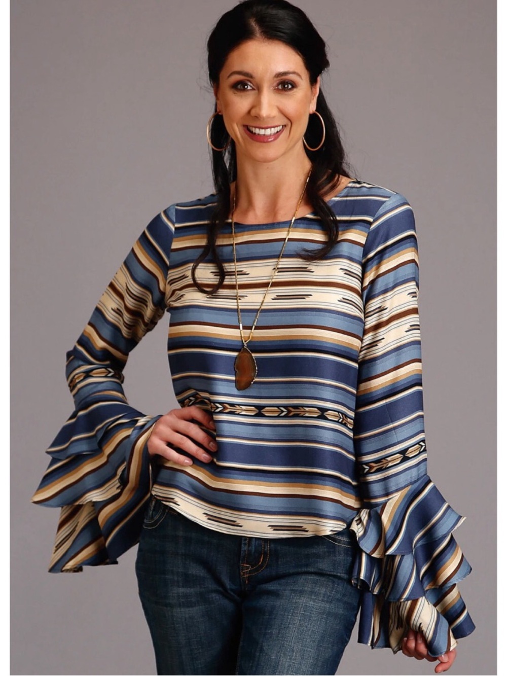Stetson Womens Blue Rayon Indigo Serape L/S Pullover Blouse Size Large